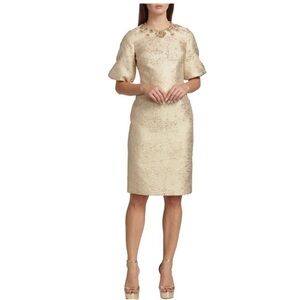 Teri Jon Gold dress with embellishment on the neckline